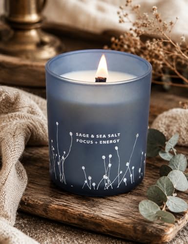 Sage & Sea Salt Wood Wick Soy Scented Aromatherapy Candle for Home, Office | Sage Candles for Cleansing House, Focus & Relaxation | Home Spa, Clean Burn, 10.6 oz, Decorative Blue Jar Candle, Women & Men