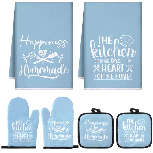 Sratte 6 Pcs Kitchen Decor Accessories Set, Kitchen, Light Blue | Farmhouse Kitchen Towels Pot Holders Oven Mitts Set 2 Dish Towels 2 Potholders 2 Cooking Mittens for Baking Cooking Supply - color: Light Blue, style: Kitchen