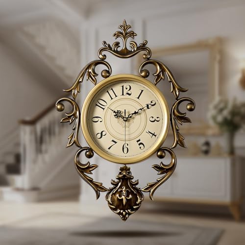 Vintage Iron Wall Clock for Living Room, Decorative Antique Design with Silent Quartz Movement, Large Luxury Retro Wall Clock, Battery Operated, Metal Frame, 21" H x 15" W