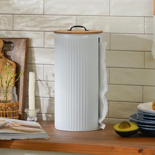 Metal Paper Towel Holder, Weighted Base with Suction Cups | Embossed with Wooden Lid, Easy Tear Roll Dispenser for Kitchen Counter, Bars, Dining Tables - color: Vertical Stripe White