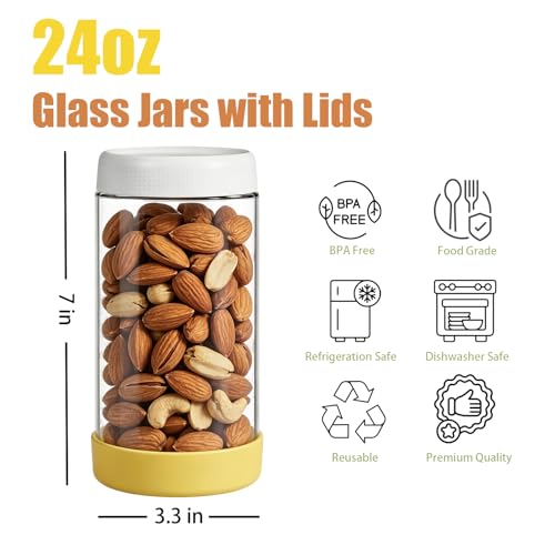 6-Pack 24oz Glass Overnight Oats Containers with Lids and Silicone Sleeves | Stackable Mason Jars Wide Mouth Meal Prep Jars for Yogurt Chia Salad Snacks Sugar - Leakproof Food Storage Jars - size: 24oz