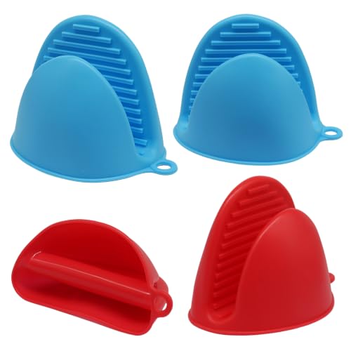 Silicone Oven Mitts Mini, 2 Pairs Heat Resistant Finger Oven Mitts, Non-Slip Silicone Gloves for Kitchen Cooking & Baking, Small Potholders for Air Fryer Grill (Red & Blue) - color: Blue\red