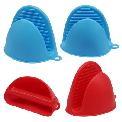 Silicone Oven Mitts Mini, 2 Pairs Heat Resistant Finger Oven Mitts, Non-Slip Silicone Gloves for Kitchen Cooking & Baking, Small Potholders for Air Fryer Grill (Red & Blue) - color: Blue\red
