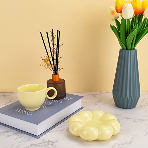 Koythin Ceramic Coffee Mug with Saucer Set, Creative Cute Cup with Sunflower Coaster for Office and Home, Dishwasher and Microwave Safe, 6.5 oz/200 ml for Tea Latte Milk (Lemon Yellow) | 200ml Tiny Floral Cup, Microwave & Dishwasher Safe; Afternoon Tea Cu