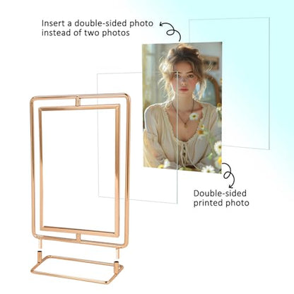 Lyeasw Rotating Picture Frame for 4x6 Picture, Gold Standing Double Sided 4x6 Floating Picture Frame for Vertical Table Display, Single