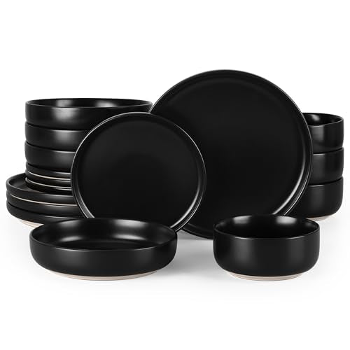 HaWare 16-Piece Plates and Bowls Set for 4, Stoneware Dinnerware Sets with Pasta Bowl, Dishes Set for Home Restaurant, Frosting Black - color: Matte Black, size: 16pcs(with Pasta Bowls) for 4