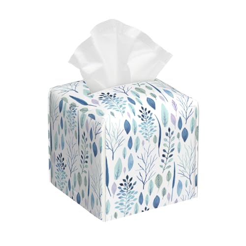 Watercolor Blue Boho Floral Leaves Tissue Box Cover Leather Tissue Box Holder Square Facial Paper Case Organizer Dispenser for Bathroom Vanity Countertop Tabletop Car Office - color: Color1