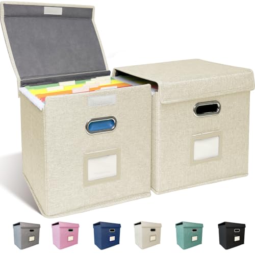 2 Pack Hanging File Folder Box with Lid, Durable Letter Size Filing Storage Box, Sturdy File Holder with Cardboard Support PVC Rails for Office Home Organizer, Beige - color: Beige