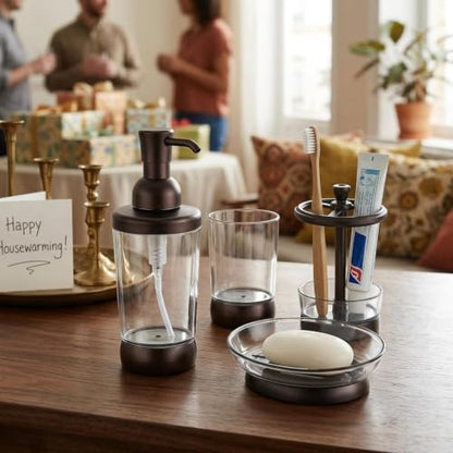 LGURT 4pc Coffee Brown Clear Plastic Bathroom Accessories Set | Soap dispenser, toothbrush holder, soap dish, cup. vintage modern style. Fits vanity, dorm, gift-ready.