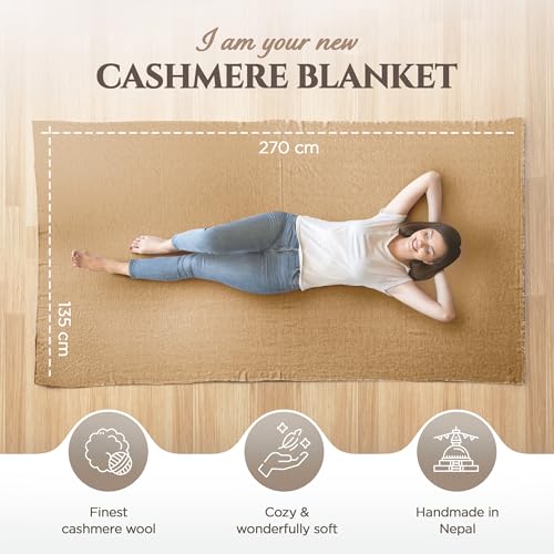 Cashmere Blanket – Hand Woven 100% Pure Wool Throw Blanket, 135 x 270 cm – Fine Herringbone Pattern Cozy, and Soft Blanket for Bed, Sofa, or Couch - Made in Nepal - color: Brown