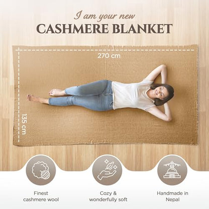Cashmere Blanket – Hand Woven 100% Pure Wool Throw Blanket, 135 x 270 cm – Fine Herringbone Pattern Cozy, and Soft Blanket for Bed, Sofa, or Couch - Made in Nepal - color: Brown