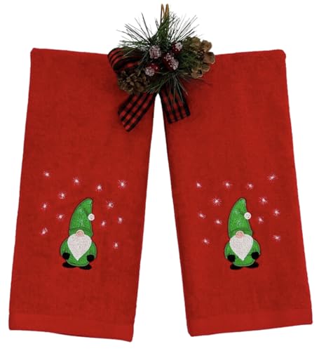 Holiday Christmas Guest Hand Towels: Festive Embroidered Gnome Country Farmhouse Red Terrycloth Towels with Winter Theme, 2 pc, 16 x 25 - color: Green Gnome on Red