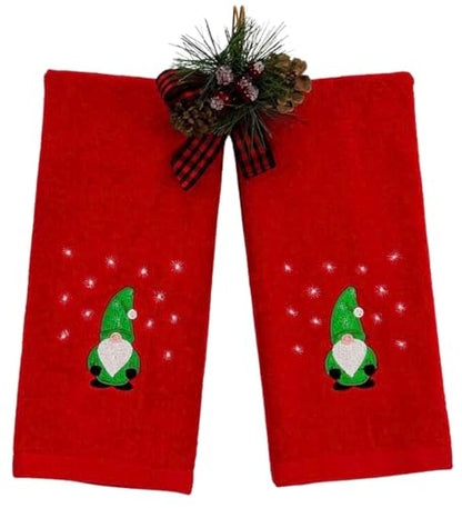 Holiday Christmas Guest Hand Towels: Festive Embroidered Gnome Country Farmhouse Red Terrycloth Towels with Winter Theme, 2 pc, 16 x 25 - color: Green Gnome on Red