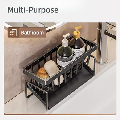 Carbon Steel Kitchen Sink Caddy, Sponge Holder Self Drain Soap Dish with Detachable Dishcloth Rack for Kitchen Countertop Organizer, Black - color: Black