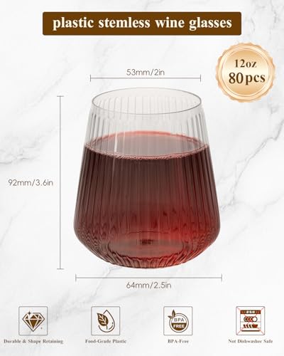 Goodluck 80 Pack 12oz Stemless Plastic Wine Glasses – Clear Ribbed Cups | Elegant Reusable Disposable Drinkware for Weddings, Parties, Bars, Indoor and Outdoor Events - color: Clear