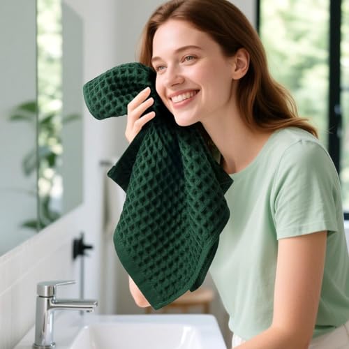Waffle Hand Towels Set of 2 (Hunter-Green) – Cotton, Quick Dry, Lint Free | 13” x 29”, Bathroom Decor & Kitchen Towels - color: Hunter-green