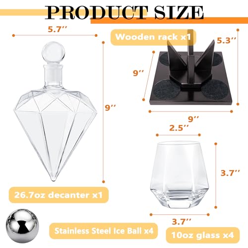 Diamond Whiskey Decanter Set, Diamond Decanter Set with 4 Glasses 4 Whiskey Stones, Decanter Whiskey Set Gifts for Men