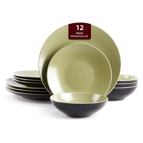 HomeVss Stoneware Two-Tone Colors Life 12pc Dinner Set， Outside Shiny Black + Inside Matte Glaze Olive) - color: Olive, size: 12pc Set