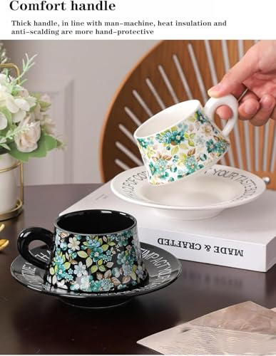10 oz Elegant Ceramic Coffee Cup and Saucer Set with Gift Box Packaging, Floral China Tea Cup and Saucer Set,Retro Afternoon Tea Cup Set with White Coffee Mug,Valentine's Day Gift for her (White)