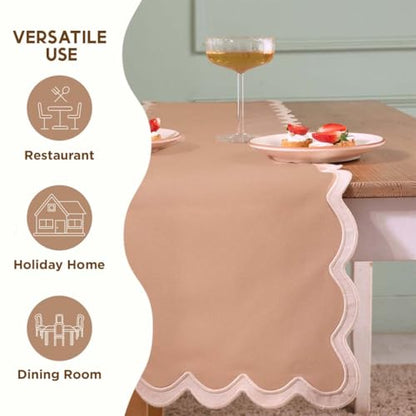 Folkulture Fall Table Runner 90 Inches Long | Brown Scalloped | Table Runner for Dining Table Decor, 100% Cotton, Machine Washable, Party, Farmhouse Decor, Thanksgiving Decorations - size: 14" x 72", style: Sand Dune