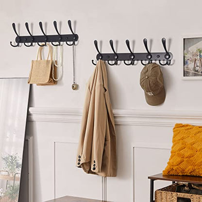 Coat Rack Wall Mounted - 5 Tri Hooks, Heavy Duty, Stainless Steel, Metal Coat Hook Rail for Coat Hat Towel Purse Robes Mudroom Bathroom Entryway (Black, 2 Packs) - color: Black, size: L=16" (2 Pcs)