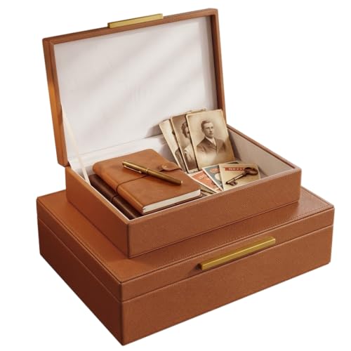 Decorative Storage Boxes with Lids Set-2 Store Photos, Letters Memory Box | Decorative Box Set, Keepsake Box, PU, Metal Handle, For Documents and Memorabilia, for Home Decor, Shelves and Living - color: Burnt Orange