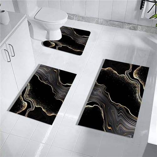MUGINYU Black Gold Bathroom Rugs Sets 3 Piece Abstract Bath Mat Thin Rubber Diatomaceous Earth Quick Dry Rugs Water Absorbent Floor mat with U-Shaped Contour Toilet Mat Bath for Bathroom Decor - color: Black Gold Marble