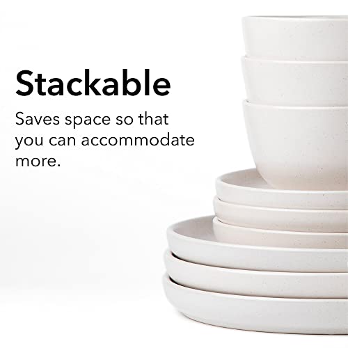 ARORA SKUGGA Round Stoneware 16pc Double Bowl Dinnerware Set for 4, Dinner and Side Plates, Cereal and Pasta Bowls - Matte White(466077) - color: White-Cereal/Pasta Bowl, style: Round-Service for 4(16pcs)
