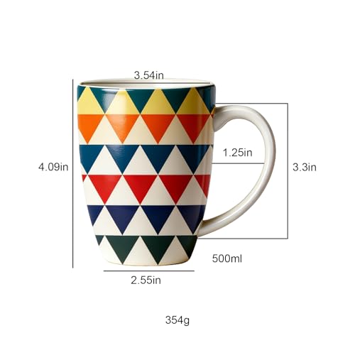 Bohemian Ceramic Coffee Mugs Set of 4, 15oz/450ml Geometric Pattern Tea Cups, Large Porcelain Mugs for Latte Cappuccino, Colorful Boho Drinkware Gift Set