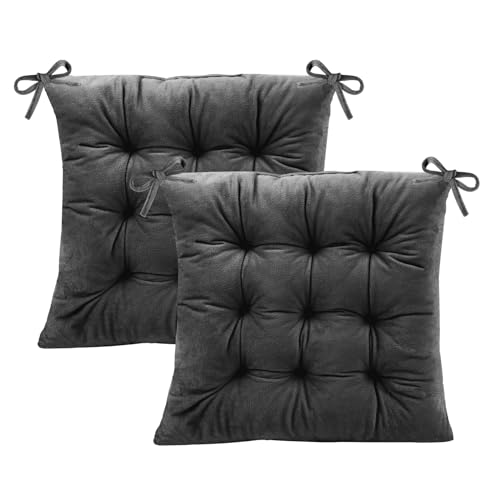 2 Pack Square Seat Cushion Chair Pads for Kitchen Dining Chairs, Soft Comfort Velvet Chair Mat Pillow Cushions with Ties for Office Desk Living Room Tatami 15.5", Dark Gray - color: Dark Gray, size: 2Pack