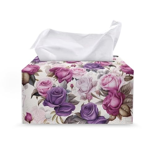 Purple Rose Leather Tissue Box Cover PU Leather Facial Tissue Tissue Box Cover Rectangle Fashion Waterproof Tissue Cover Decorative Tissue Box Organizer for Bathroom - color: Purple Rose 1