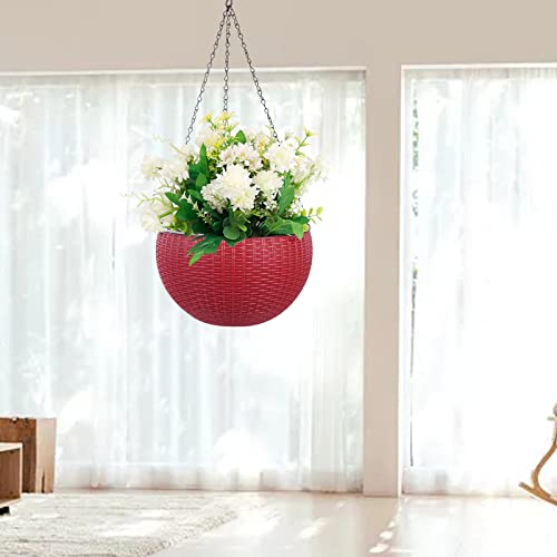 Vencer 11 Inch Round Resin Rattan Hanging Planters,Red,VF-A15-R | Self Watering,Drain Hole,Metal Chain,Water Indicator,Indoor Outdoor - color: Red