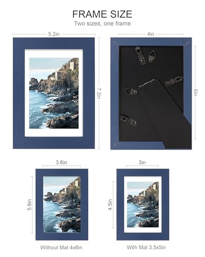 Hongkee 4x6 Picture Frame (4 Pack, Blue), Made of Real Glass and Wooden Frame - Display Pictures 3.5x5 with Mat or 4x6 Without Mat, 4 by 6 Photo Frames TableTop Display and Wall Mounting - color: Blue, size: 4x6 in