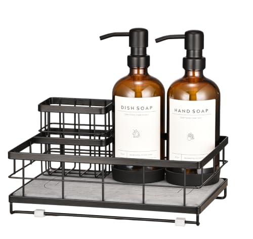 [Extra Large] Kitchen Soap Dispenser Set, 2 Glass Dish Soap Dispensers with Stainless Steel Pumps, Quick-Dry Stone Tray, Sink Caddy Organizer with Sponge Holder, All-in-One Countertop Organization Set