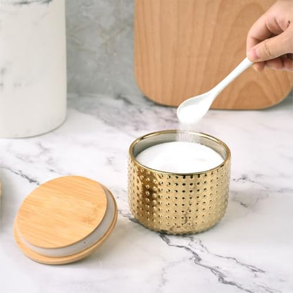 Salt Cellar Keeper with Bamboo Lid, 14oz Big Capacity Ceramic Sugar Bowls Pepper Box, Golden Water Dot Seasoning Container Condiment Pot for Kitchen (Gold Color) - color: Gold