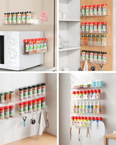 Nieifi Spice Rack Wall Mount, 4 Pack Clear, 2" Depth, Screw/Adhesive | Wall-Mounted with Removable Hooks Saves Counter Space, Fits 2" Deep Jars, Ideal for Kitchen Cabinets, Pantry Doors, and RVs - color: Clear