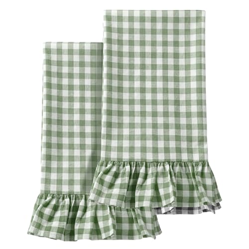 HunnmingRe Green Kitchen Towels Set of 2, 100% Cotton Ruffled Gingham Dish Towels 18"x28" Absorbent Tea Cloths Classic Plaid Pattern for Farmhouse Charm, Drying Dishes, Entertaining Guests - color: Green, style: Gingham