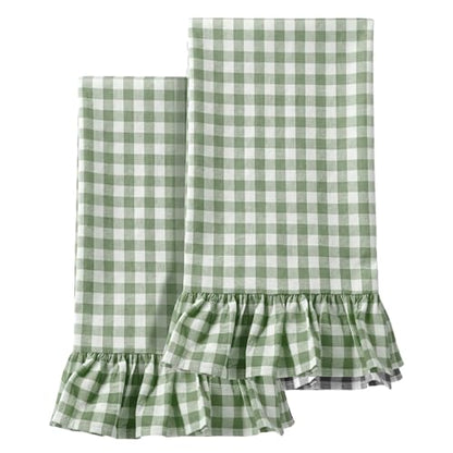 HunnmingRe Green Kitchen Towels Set of 2, 100% Cotton Ruffled Gingham Dish Towels 18"x28" Absorbent Tea Cloths Classic Plaid Pattern for Farmhouse Charm, Drying Dishes, Entertaining Guests - color: Green, style: Gingham