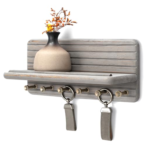 Rebee Vision Pine Wood Key Holder Wall Mount for Entryway, Distressed Gray | Wooden Key Holder for Wall with 6 Hooks, Floating Shelf, Mail Organizer, Farmhouse Home Organization Accent - color: Distressed Gray, size: Medium-11inch