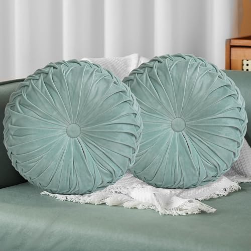 HIG Set of 2 Aqua Velvet Decorative Round Pleated Throw Pillows | Vintage Floor Pillows, Classy Accent Pumpkin with Center Button, for Sofa Couch Vanity Chair Bed, 14.5" Diameter - color: R-aqua, size: 2 Count (14.5 Inch Diameter)