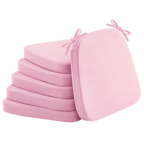 Dining Chair Cushions, Pink, 17"x16", Set of 6 | 2'' Thick Cooling Gel High-Density Foam, Ties and Non-Slip Bottom, Removable Washable Cover, For Dining and Kitchen - color: Pink, size: 6 Count (Pack of 1)