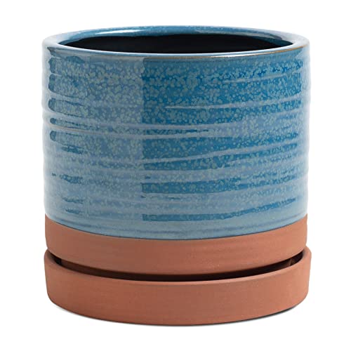 HERDUK 6 Inch Plant Pots, Ceramic Planter Pot with Drainage Hole & Saucer, Indoor/Outdoor Cylinder Round Planter Pot, Aqua Blue & Terracotta Red - color: Aqua Blue & Terracotta Red, size: 6 Inch