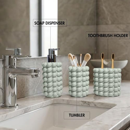 Better Trends Bathroom Accessories Set 3 Pieces Resin Bubble Textured Soap Dispenser, Toothbrush Holder & Tumbler for Vanity, Kitchen Sink & Countertop Organization Dark Sage Nova Collection - color: Dark Sage