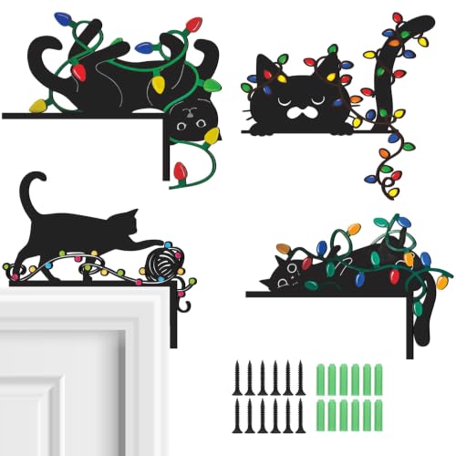 4 Pcs Door Frame Decoration Set Metal, Wall Art Decor Corner Sign Bathroom Decor for Indoor Outdoor Door Window Home Office(Christmas Cat Style2,Multicolor) - color: Multicolor, style: Christmas Cat Style2