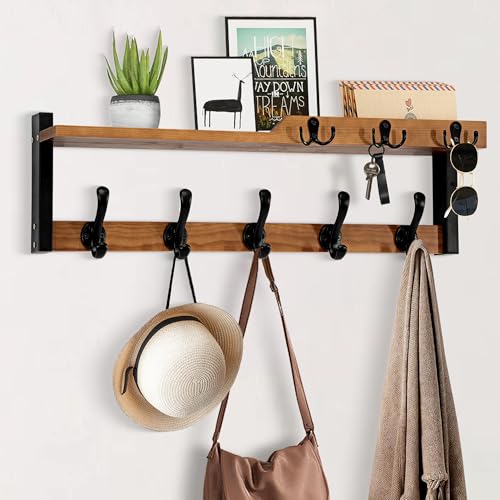 dreampossible 4 in 1 Coat Rack Wall Mount with Shelf, Coat Hooks 25.2" Entryway Coat Hanger with Key Hooks and Mail Holder, Wall Hooks with Shelf, Hat Rack for Wall Key Holder Mail Organizer - color: Brown, size: 25.2 Inch Long
