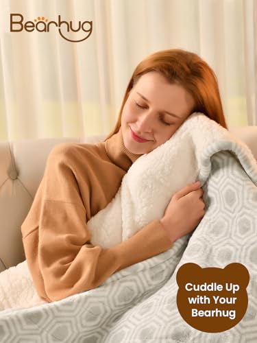 Bearhug Electric Blanket Throw Size, 50" x 60" Heated Blanket with 6 Heating Levels & 4H Auto Shut-Off, Machine Washable Soft Velvet to Sherpa Reversible Heated Throw for Office, Couch and Sofa - color: Snow Gray Honeycomb, size: Throw 50" × 60"