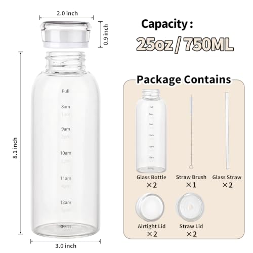 Glass Water Bottles with Lids, 25oz Juice Bottles, Glass Bottles with Straws and Time Marker, Reusable Water Bottle, Leak Proof Drinking Jars for Smoothies, Juicing, Milk,Bubble Tea - size: 25oz
