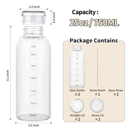 Glass Water Bottles with Lids, 25oz Juice Bottles, Glass Bottles with Straws and Time Marker, Reusable Water Bottle, Leak Proof Drinking Jars for Smoothies, Juicing, Milk,Bubble Tea - size: 25oz