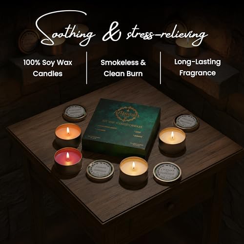 Metal Tin Soy Wax Scented Candles Gift Set - 4 Aromatic Flavors (Sandalwood Amber, Lavender, Lily, Jasmine) | Scented Candles for Home Decoration, Burn Time 14-15 Hrs Each - size: Set of 4