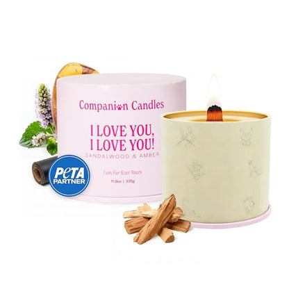 Companion Candles I Love You, I Love You! Pet-Friendly Scented Candle – Sandalwood & Amber Fragrance - Coconut Soy Wax Candle with Wooden Wick, Approx. 50-Hour Burn Time, Made in USA, 11.8 oz - color: I Love You, I Love You